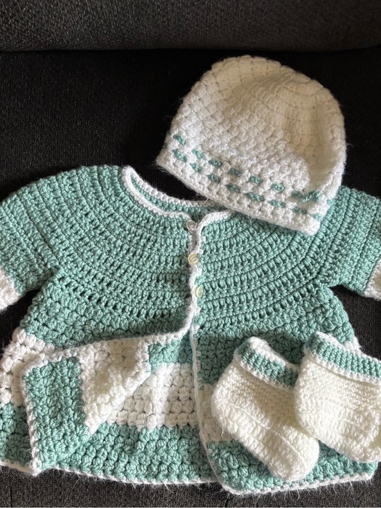 Other - Handmade Crocheted Baby Cardigan Set in Mint Green & White